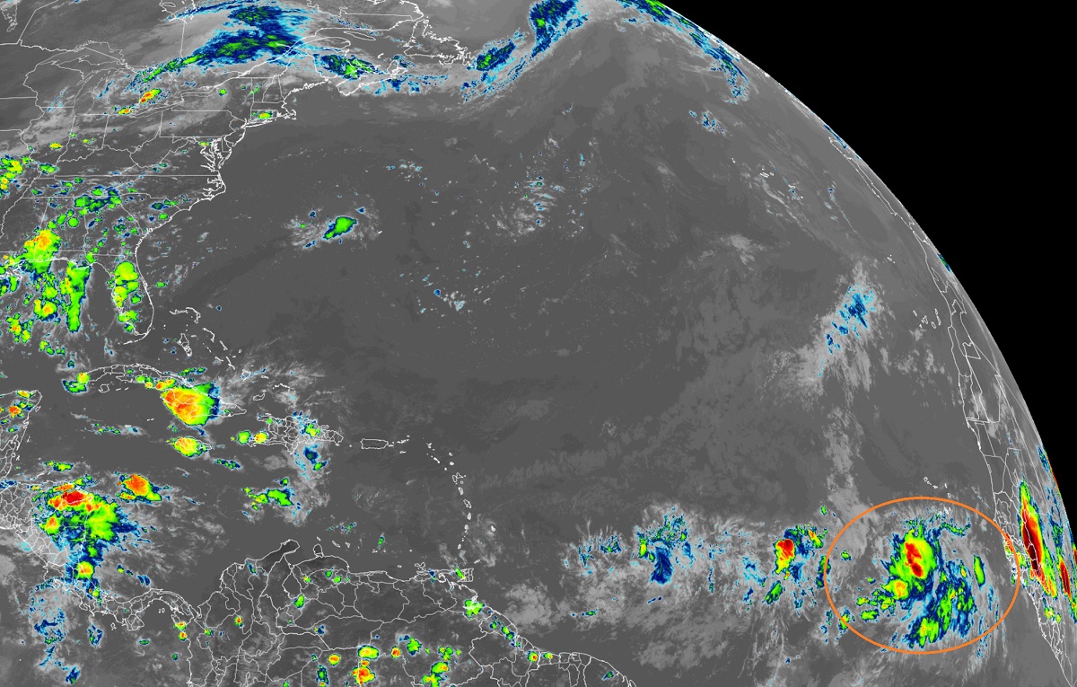 The latest satellite image from the GOES-East weather satellite shows an area of concern in the eastern North Atlantic. Image: NOAA