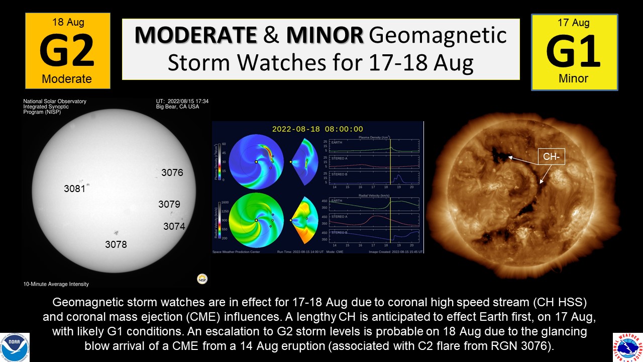 Geomagnetic Storm Watches are in effect for the 17th and 18th of August.  Image: SWPC