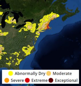 The current Drought Monitor map shows areas that are abnormally dry throughout the northeast; some portions of southeastern New England are even experiencing Extreme Drought conditions. Image: weatherboy.com