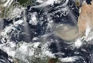 A satellite image of the Atlantic from earlier this hurricane season shows a significant amount of dust entering the Atlantic from the Saharan Desert region of Africa. Image: NOAA