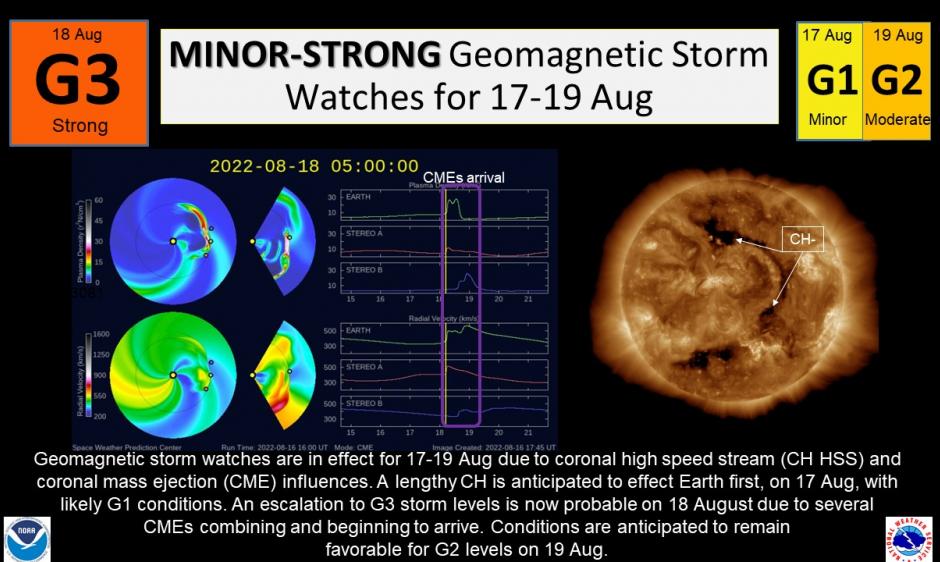 A Geomagnetic Storm Watch for a STRONG G-3 class event is now in effect. Image: SWPC