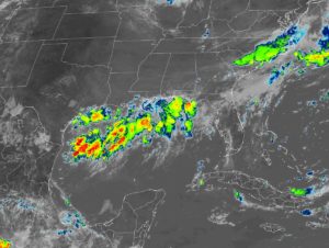 An area of showers and storms continue to develop along the coastline of the northern Gulf of Mexico. Image: NOAA