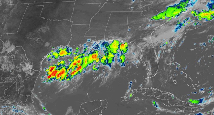 An area of showers and storms continue to develop along the coastline of the northern Gulf of Mexico. Image: NOAA