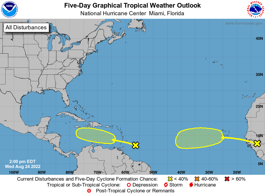 The National Hurricane Center is monitoring the areas shaded in yellow for possible tropical cyclone development in the coming days. Image: NHC