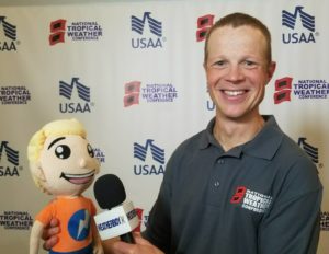 Dr. Phil Klotzbach from Colorado State University, poses with the Weatherboy mascot at the recent National Tropical Weather Conference in South Padre Island, Texas. Weatherboy sponsors both the conference and CSU's research endeavors in seasonal outlooks. Image: Weatherboy