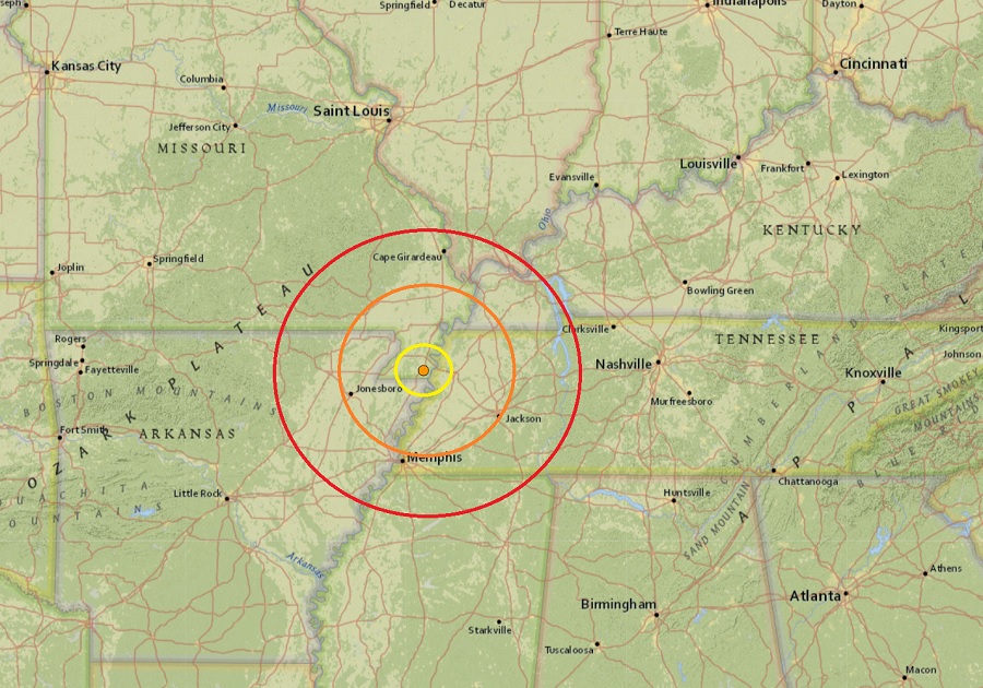The epicenter of today's earthquake struck in the middle of the circles at the orange dot.  Image: USGS