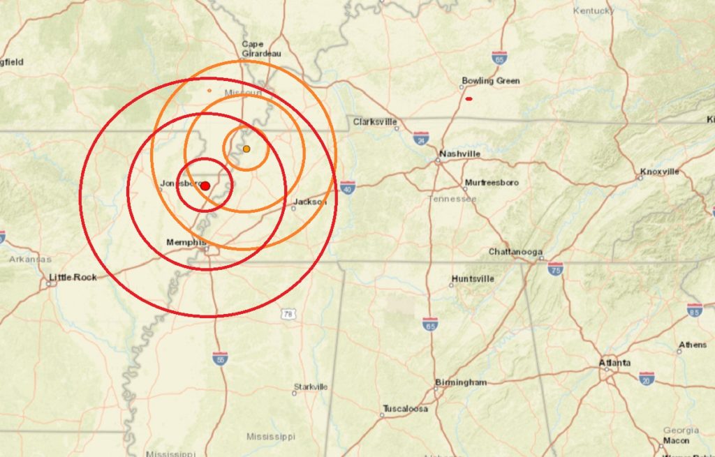 The epicenter for each of today's earthquakes is located inside the concentric circles at the dot. Image: USGS