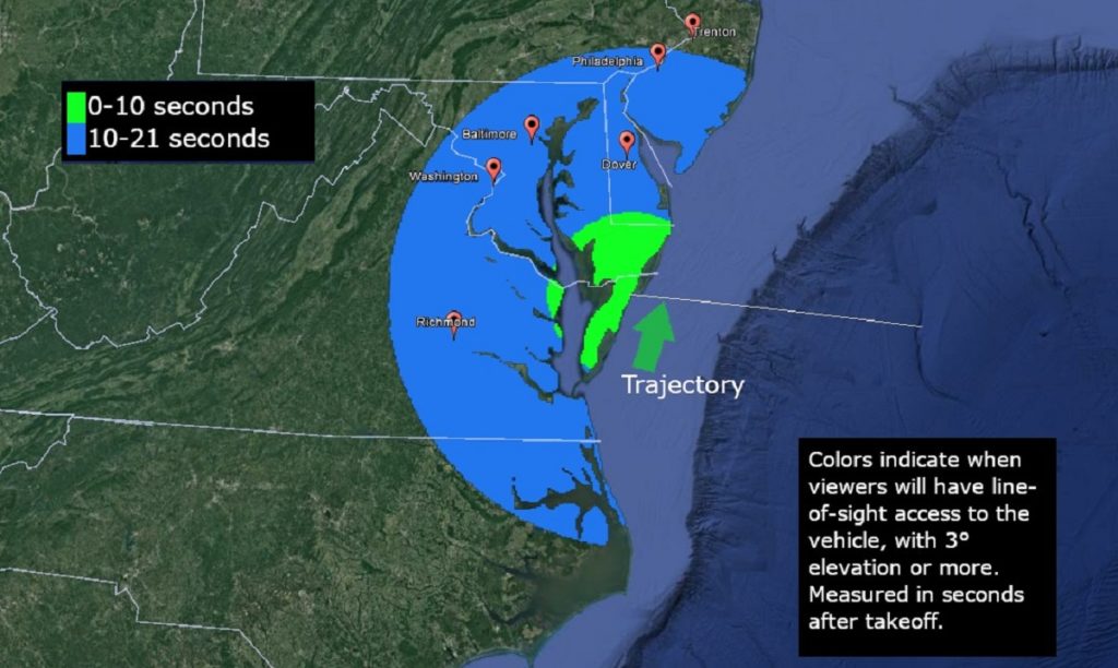 If the weather cooperates, people in the blue and green areas could see a rocket being launched tonight from Virginia. Image: NASA