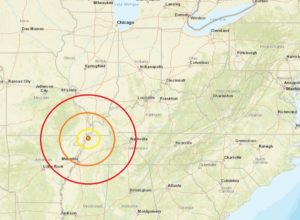 The orange dot within the concentric circles marks the location of the epicenter of the earthquake that hit Tennessee today. Image: USGS