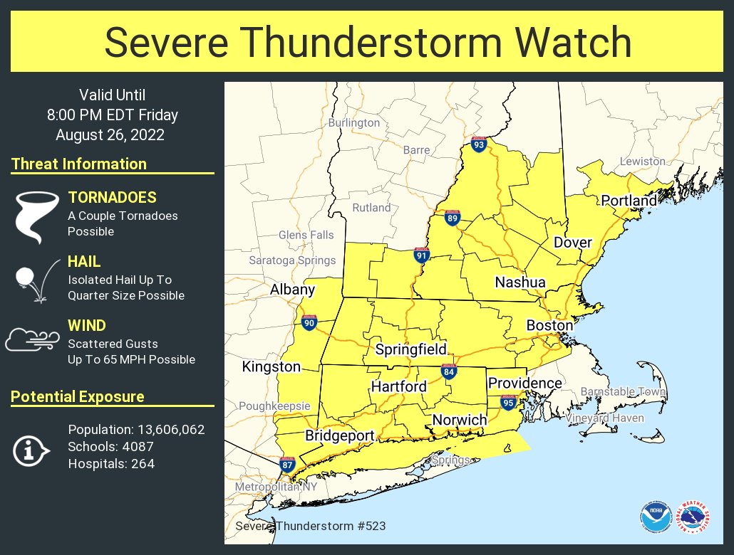 The National Weather Service has issued a Severe Thunderstorm Watch for the area in yellow through 8 pm tonight. Image: NWS
