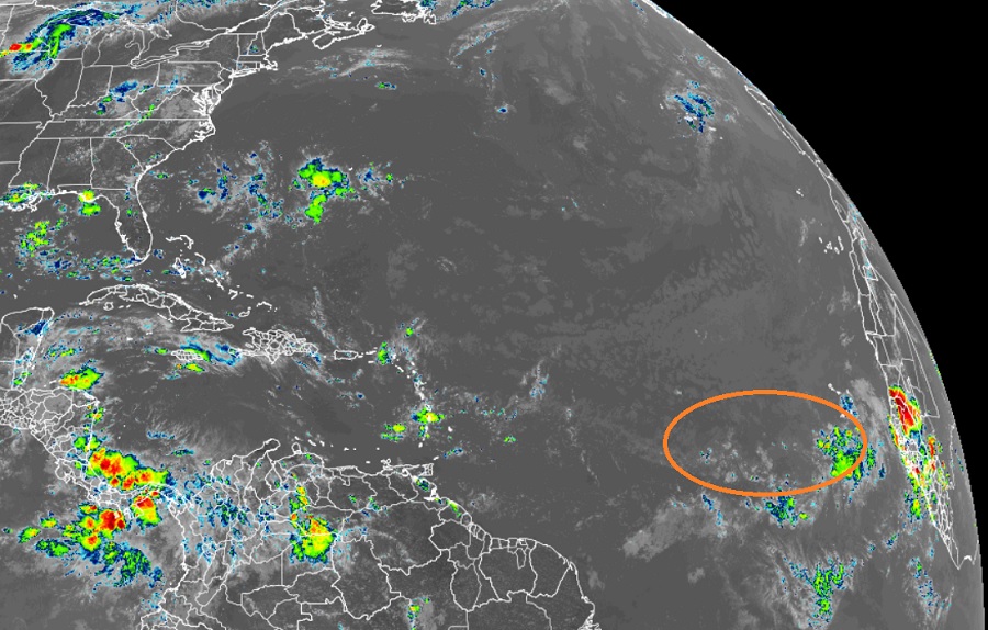 The National Hurricane Center is monitoring the area circled in the Atlantic Ocean for signs of possible tropical cyclone formation. Image: NOAA