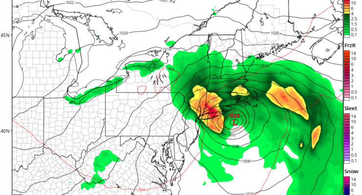 The American GFS forecast model depicts a nor'easter impacting the northeast Wednesday morning, bringing wind-whipped rains to portions of the parched northeast. Image: tropicaltidbits.com