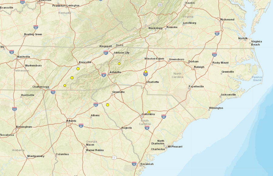Over the last week, 7 earthquakes have struck portions of North and South Carolina and Tennessee. Image: USGS