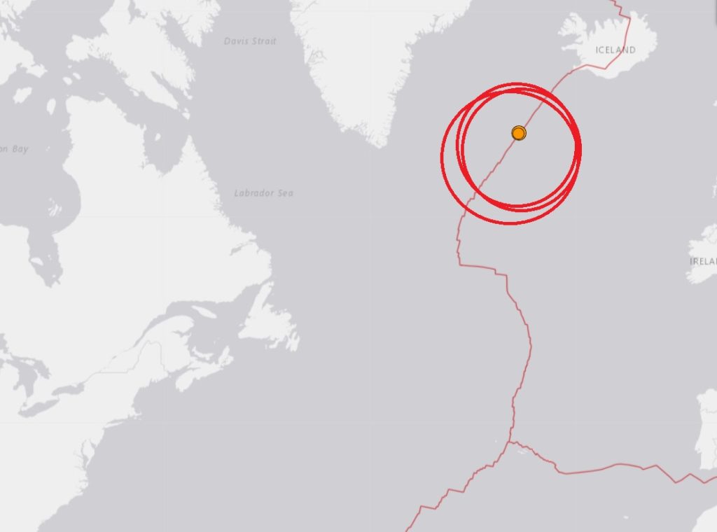 Today's earthquakes struck along the Reykjanes Ridge on the northern extent of the Mid Atlantic Ridge in the Atlantic Ocean.  Image: USGS
