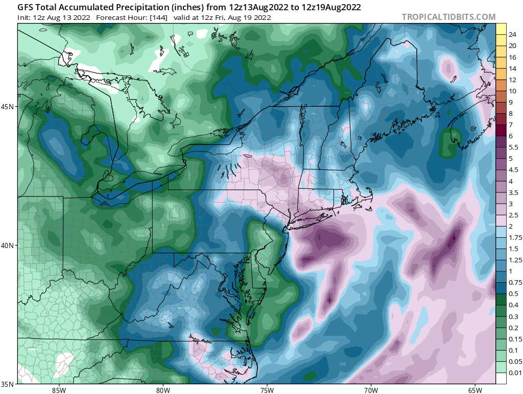 Upwards of 3-5" of much needed rain could fall over the coming days thanks to a nor'easter impacting the northeast. Image: tropicaltidbits.com