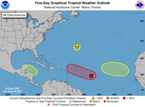 The latest Tropical Outlook from the National Hurricane shows many areas of concern in the Atlantic Basin, including a red shaded area where tropical cyclone formation is likely. Image: NHC