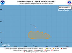 An area of disturbed weather has a medium chance of growing into a tropical cyclone south of Hawaii in the coming days. Image: CPHC