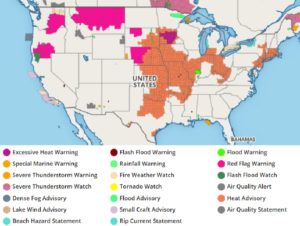 The areas in bright purple are under an Excessive Heat Warning while areas in orange are under a Heat Advisory. Image: Weatherboy.com