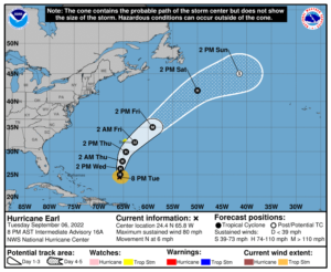 Latest track and advisories for Hurricane Earl.  Image: NHC