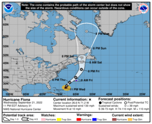 Latest forecast track and advisories for Hurricane Fiona. Image: NHC
