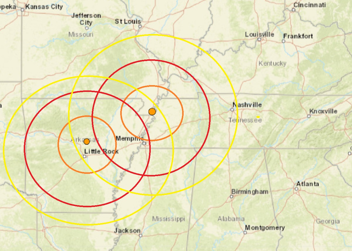 The epicenter of today's earthquakes appear as an orange dot inside a set of concentric circles. Image: USGS
