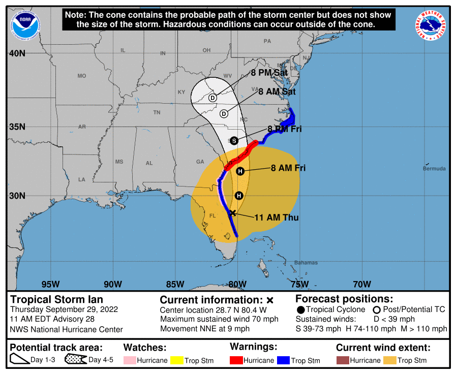 Hurricane Warnings have been issued now that Ian is gaining strength; a landfall on the South Carolina coast is likely. Image: NHC