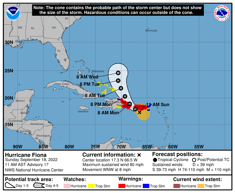 Hurricane Fiona's latest track and advisories. Image: NHC