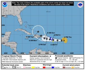 Current forecast track and watches/warnings for Fiona.  Image: NHC