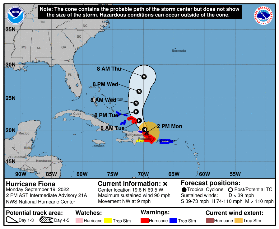 Current track and warnings for Fiona. Image: NHC