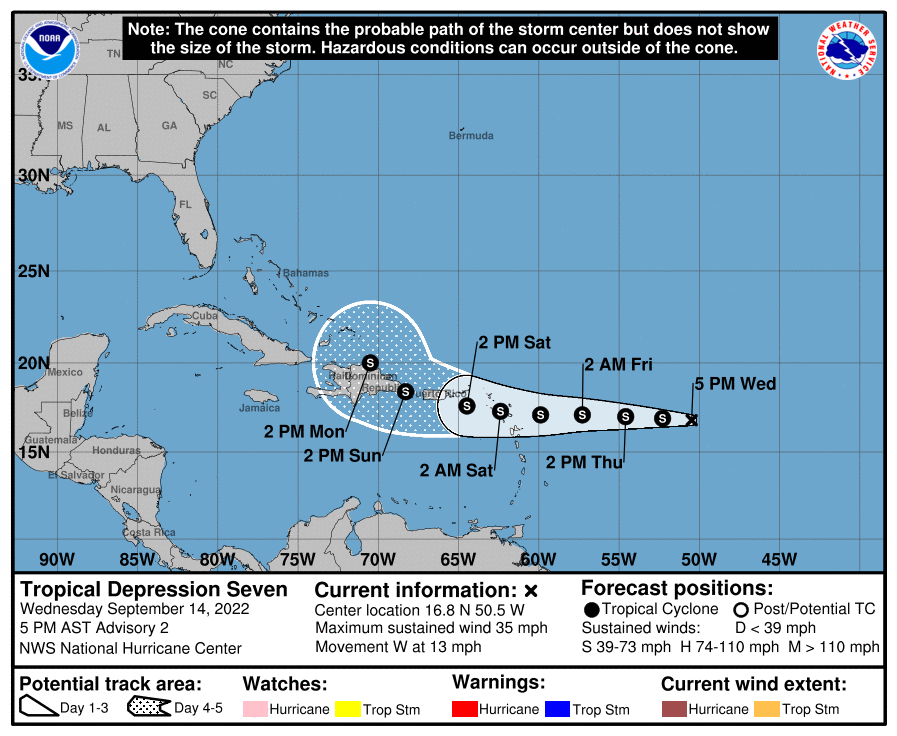 The National Hurricane Center expects a new tropical depression to develop into a tropical storm and impact many Caribbean islands over time. Image: NHC