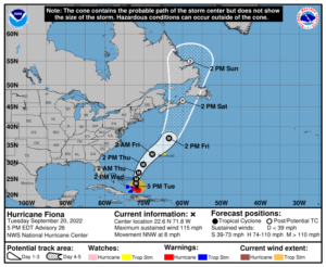 Latest track and advisories for Hurricane Fiona. Image: NHC