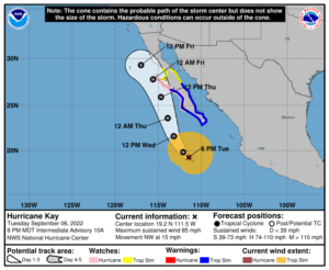 Current track and advisories for Hurricane Kay. Image: NHC