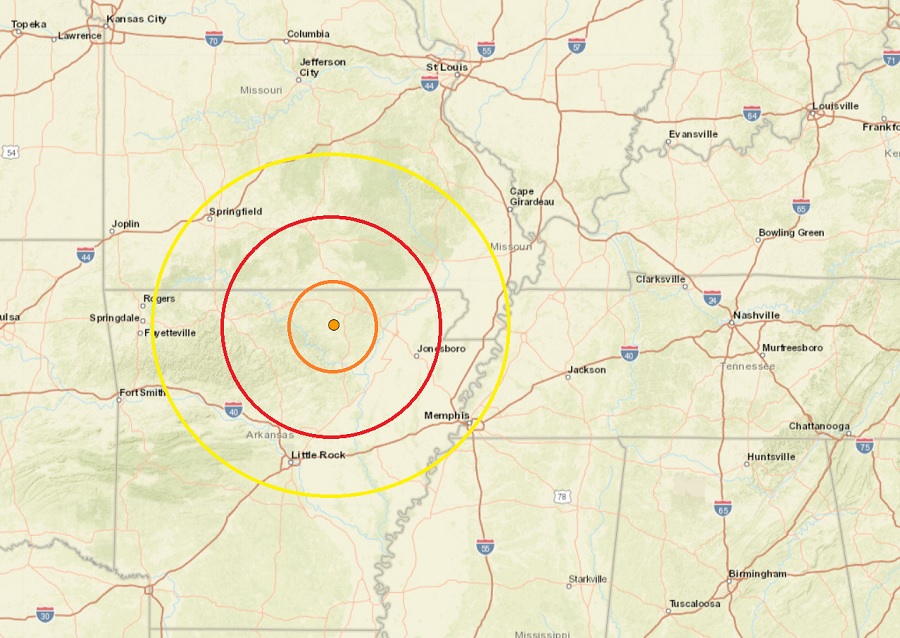 The epicenter of today's earthquake is at the orange dot within the concentric circles over northern Arkansas. Image: USGS