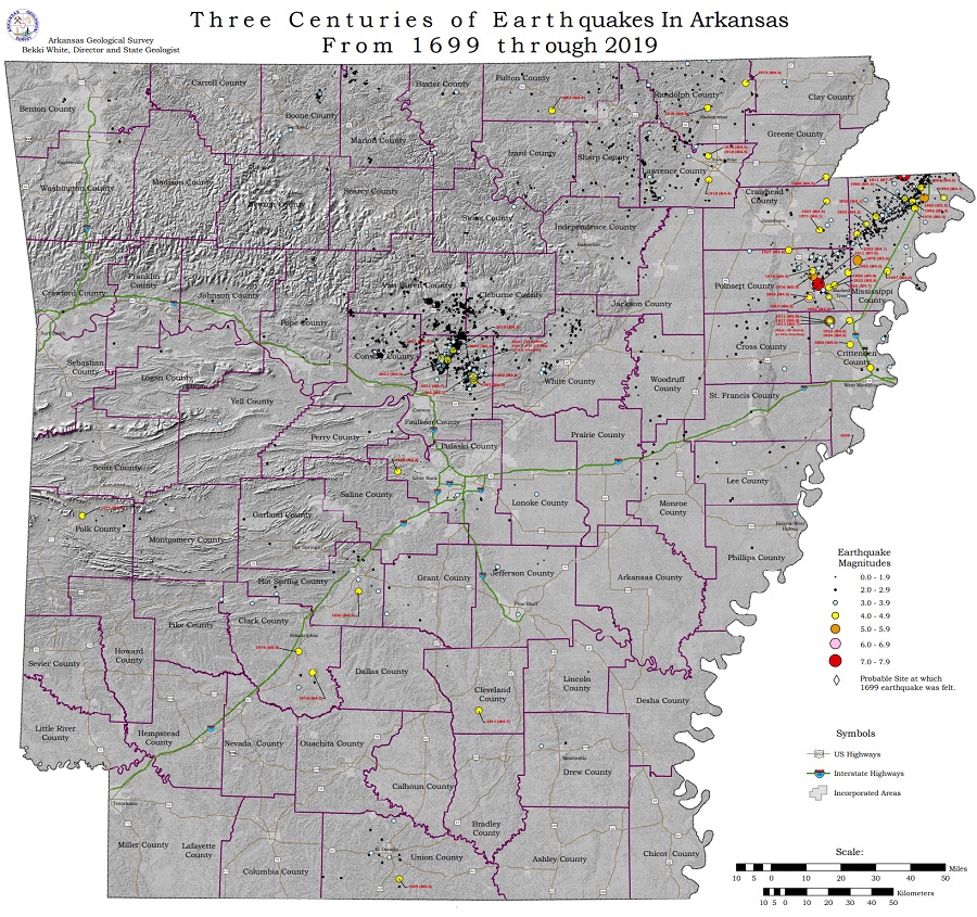 A history of earthquakes from 1699 through to 2019. Image: Arkansas Geological Survey
