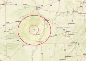 The epicenter of today's earthquake in Arkansas is located at the orange dot inside the concentric circles. Image: USGS