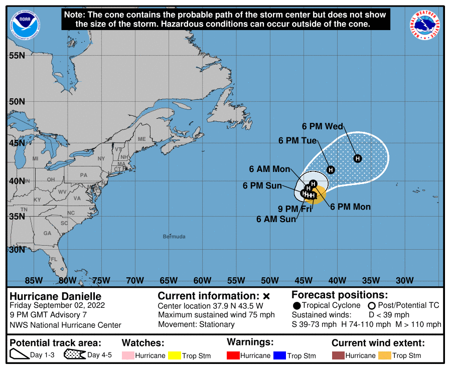 Latest forecast track for Hurricane Danielle.  Image: NHC