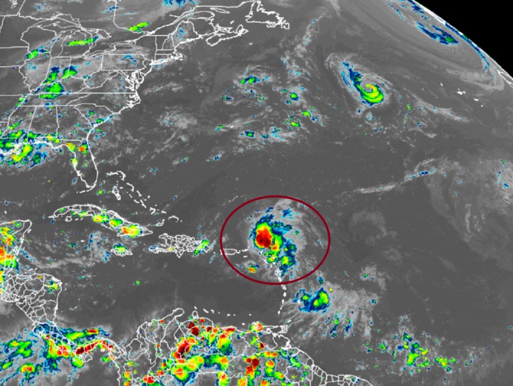 Tropical Storm Earl is circled in red on this latest satellite map from the GOES-East weather satellite. Image: NOAA