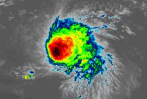 A current color-enhanced view of Tropical Storm Fiona from the GOES-East weather satellite. Image: NOAA