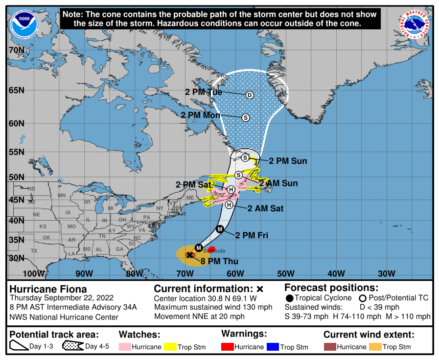 A large part of Atlantic Canada is now under a Hurricane Watch for Hurricane Fiona. Image NHC