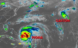 Fiona and Gaston are both spinning in the Atlantic Ocean, as this current GOES-East weather satellite view shows. Image: NOAA