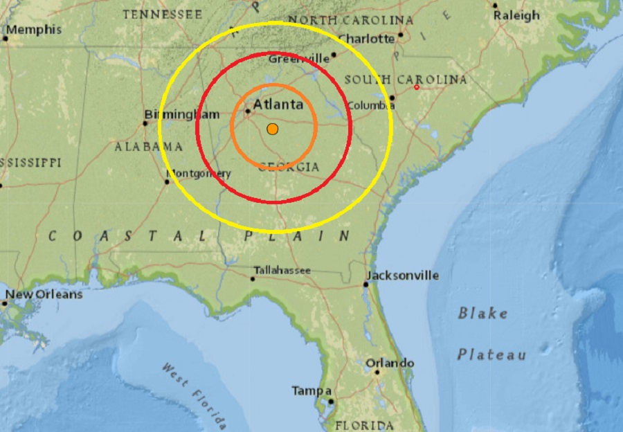This evening's earthquake struck southeast of Atlanta in Georgia at the orange dot surrounded by concentric circles. Image: USGS