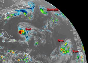 Hurricane Danielle, Hurricane Earl, and two disturbances in the eastern Atlantic are all being monitored by the National Hurricane Center. Image: NOAA