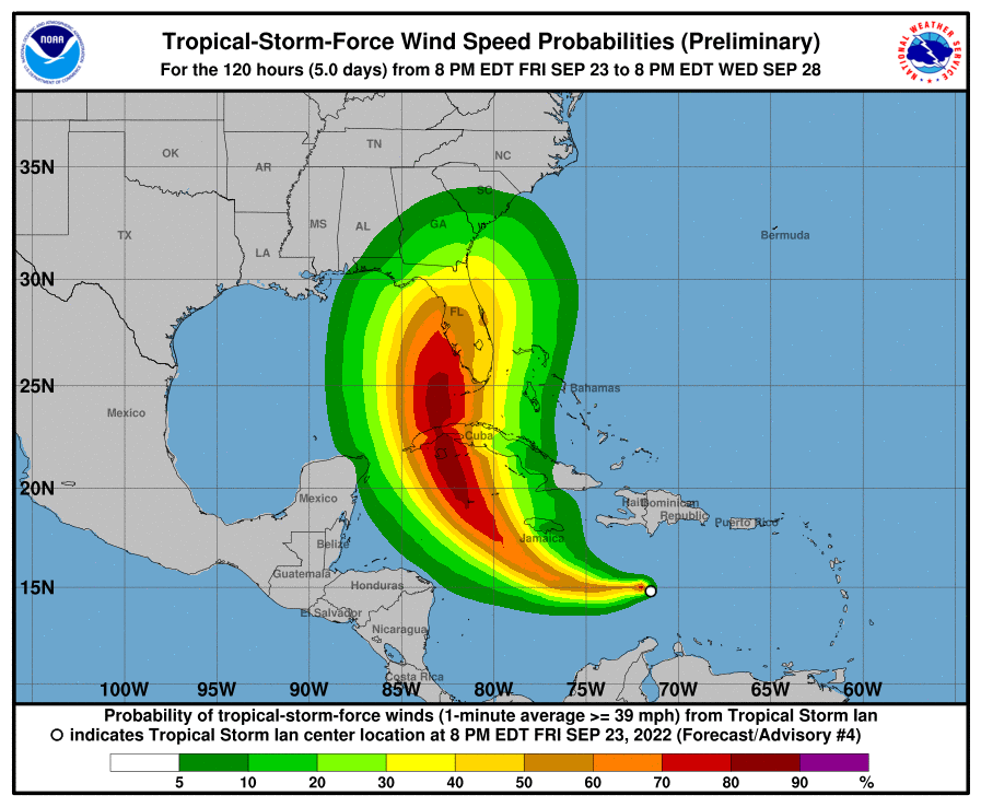 This wind field probability chart reflects where the best chances for the strongest winds from what'll be Major Hurricane Ian next week. The Gulf Coast of Florida is clearly at risk of a very dangerous landfall. Image: NHC