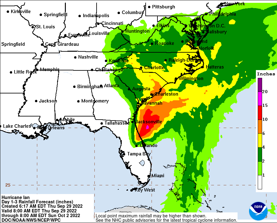 Extremely heavy rains will continue to fall due to Ian; these are additional rainfall amounts yet to come. Image: NHC