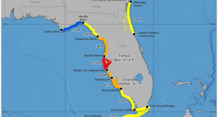 An extremely dangerous storm surge is possible as Hurricane Ian approaches Florida later this week. Water may rise as high as 10' up onto dry ground near the coast and push inland, submerging many homes, businesses, and roadways. In addition to risk of surge on the Gulf Coast of Florida, there is also a risk of storm surge for northeastern Florida and the coast of Georgia along the Atlantic Ocean. Image: NHC
