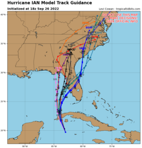 Forecast models are in generally good agreement that the hurricane will make landfall along the Florida Gulf Coast and move up into the eastern United States. Image: TropicalTidbits.com
