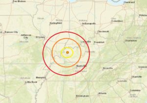 The epicenter of today's earthquake is located at the dot of the concentric circles on this map. Image: USGS
