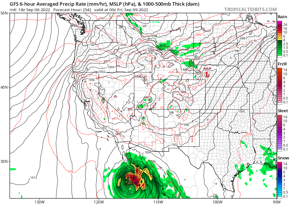 Coming to California? Moisture associated with Hurricane Kay is forecast to move into southern California on Saturday. Image: tropicaltidbits.com