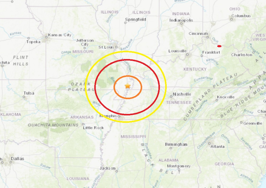 The star inside the concentric circles represents the epicenter of today's earthquake in southern Missouri. Image: USGS
