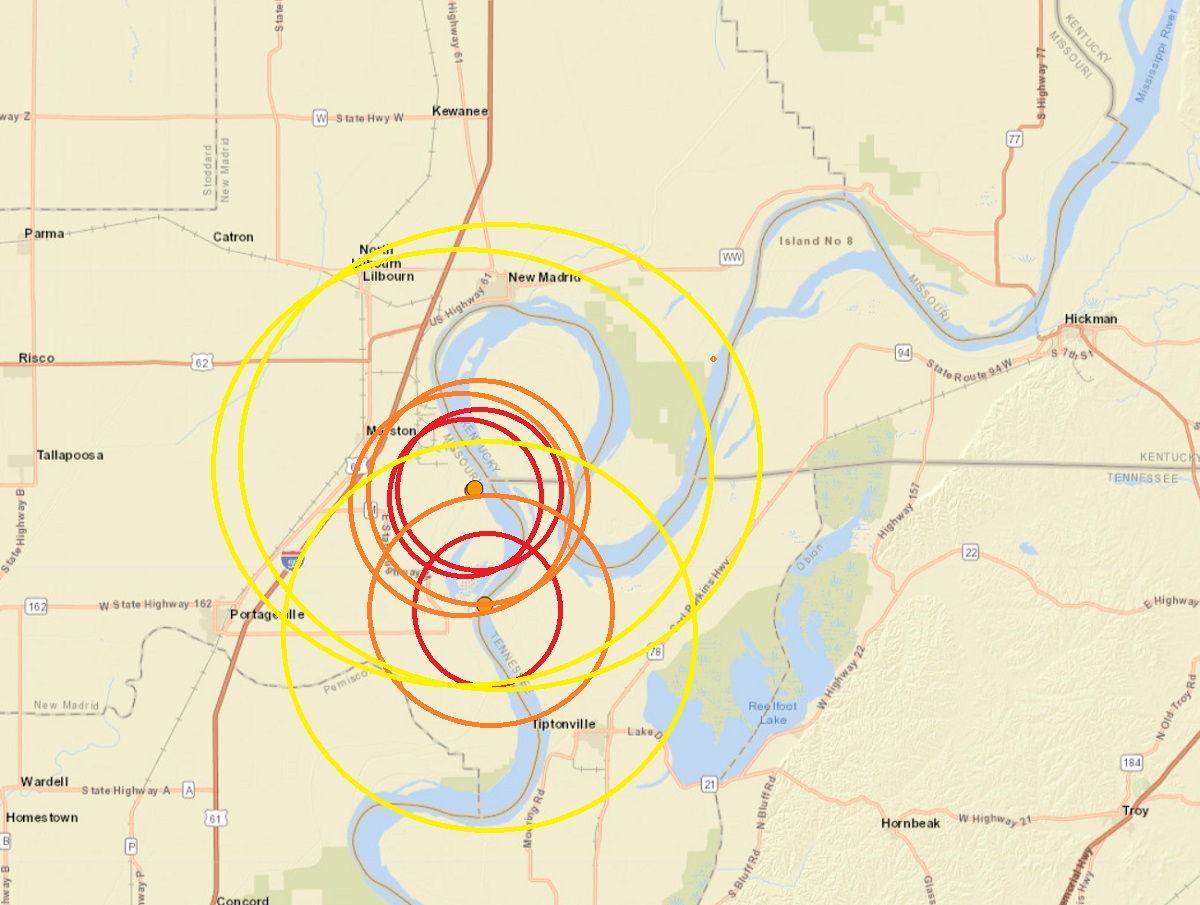 Three earthquakes rocked the heart of the New Madrid Seismic Zone today; two were practically on top of each other. Each epicenter is indicated by the orange dot surrounded by the concentric circles in this zoomed-in view of the New Madrid area along the Mississippi River. Image: USGS